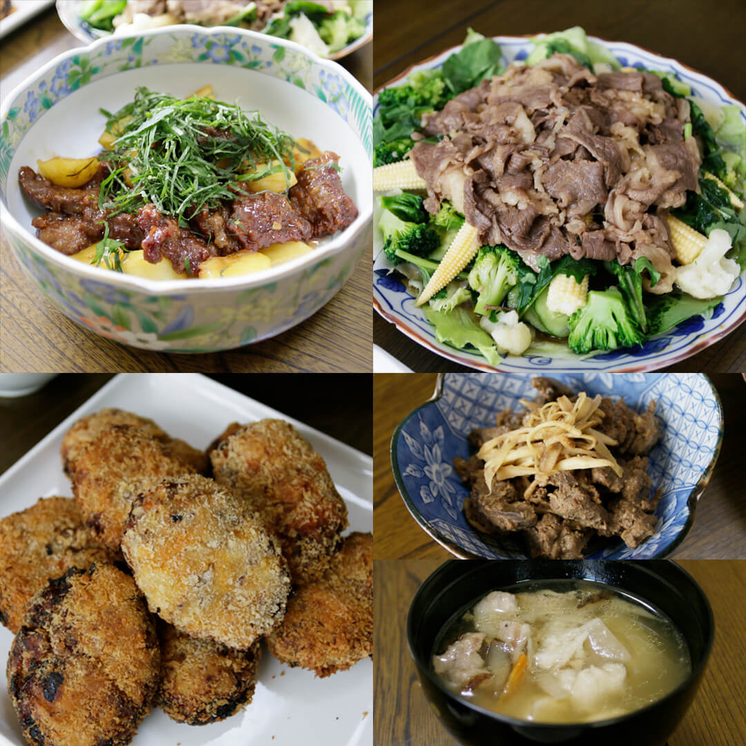 じゃがいもの甘辛煮、たくさんサラダ、コロッケ、鶏レバーのしぐれ煮、みんなの豚汁